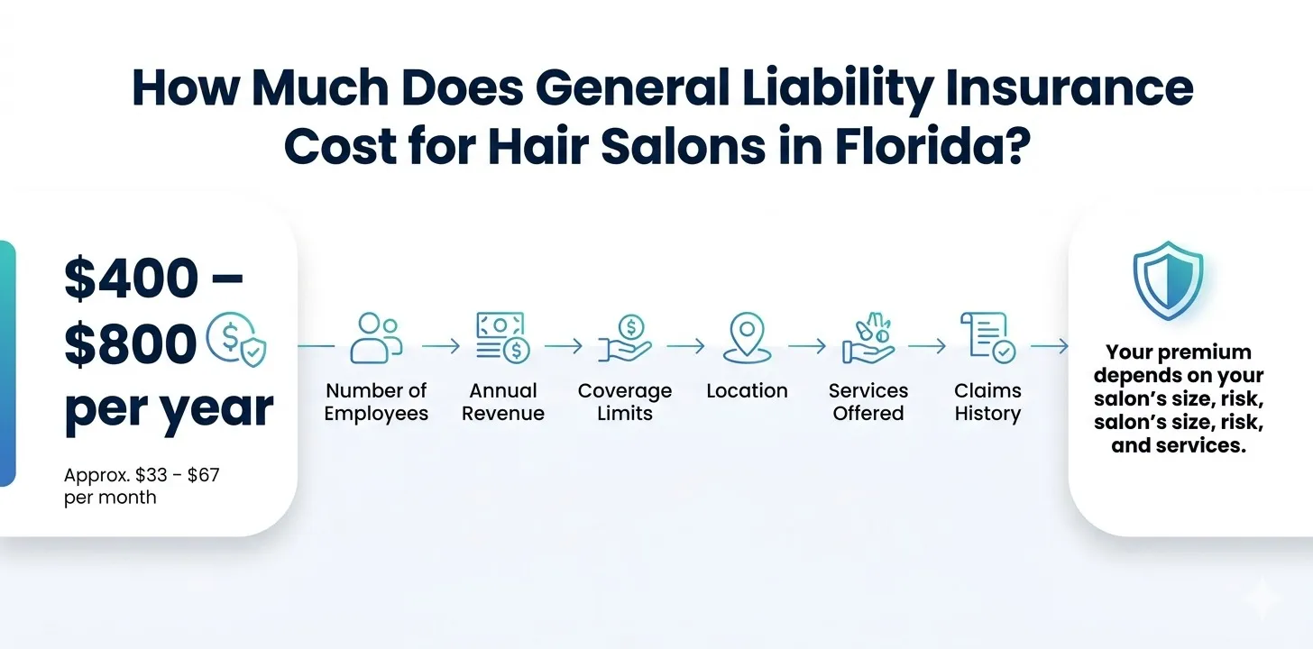 Florida hair salon cost estimate for general liability insurance displayed on a calculator screen.