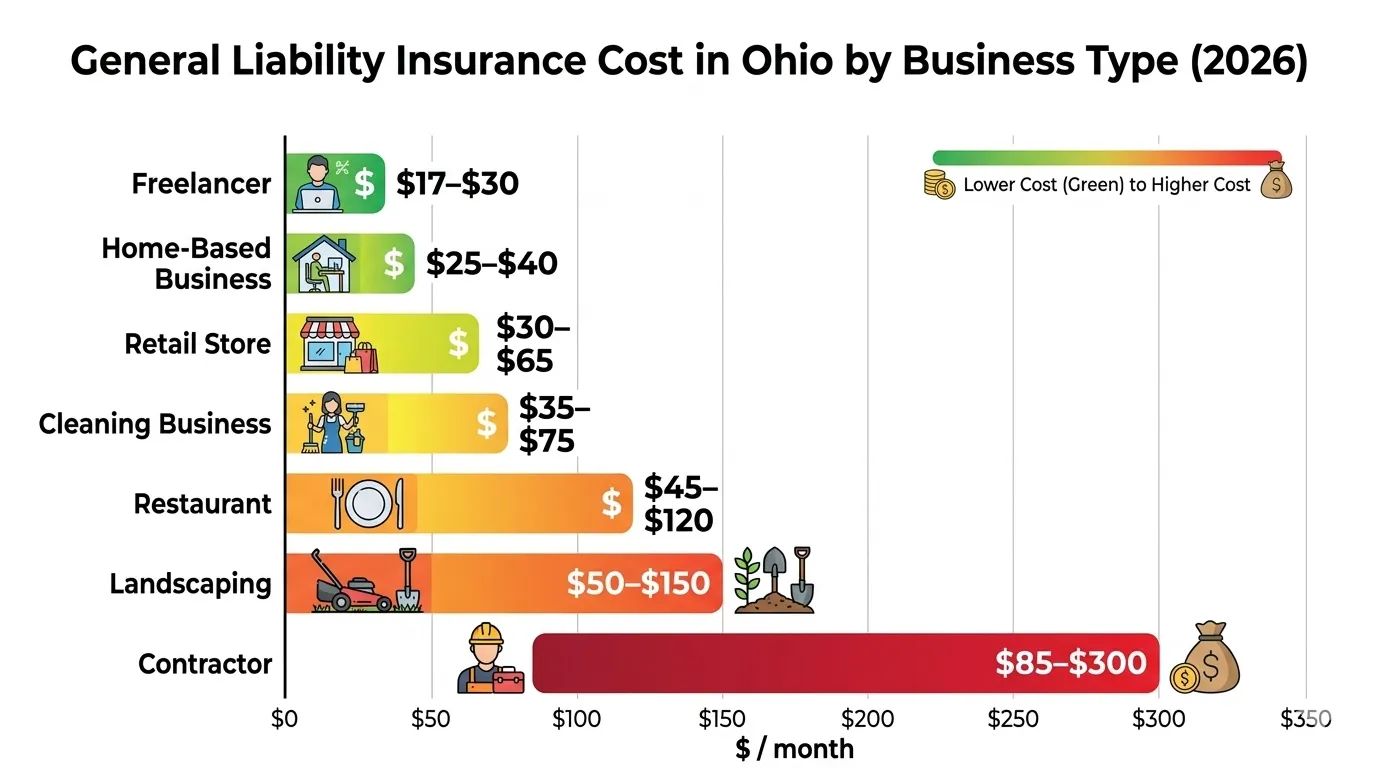 General liability insurance cost per month in Ohio by business type 2026
