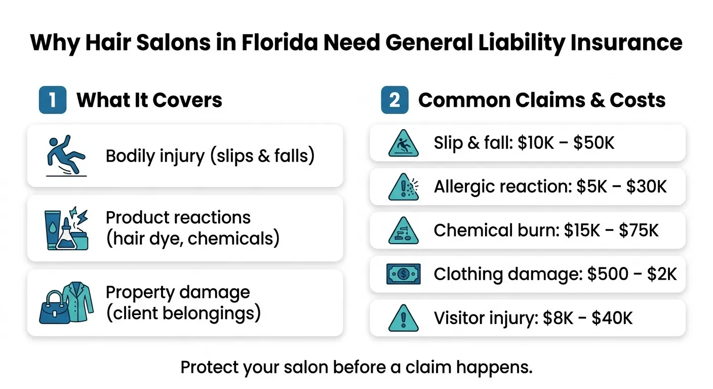 General liability insurance safeguarding a Florida hair salon from third-party injury claims.