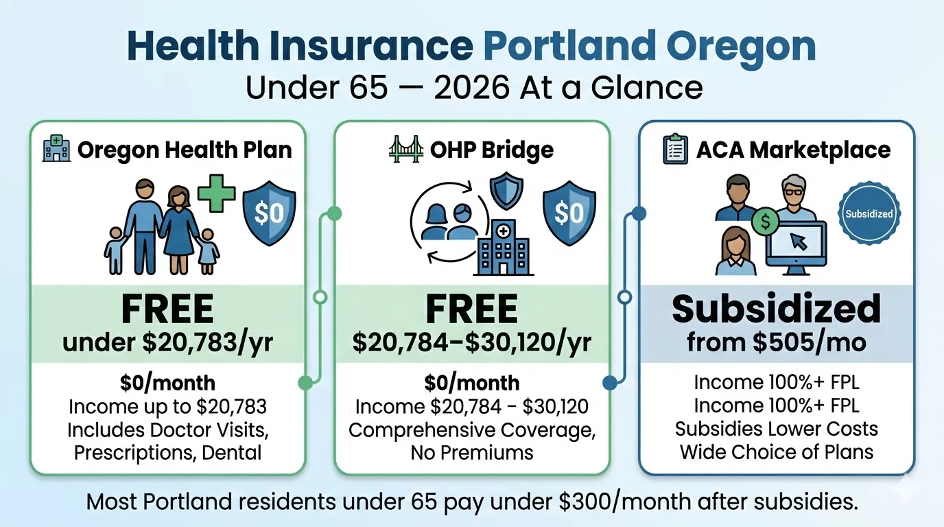 Health insurance Portland Oregon under 65 overview showing OHP free, OHP Bridge free, and ACA Silver plans from $505/mo in 2026