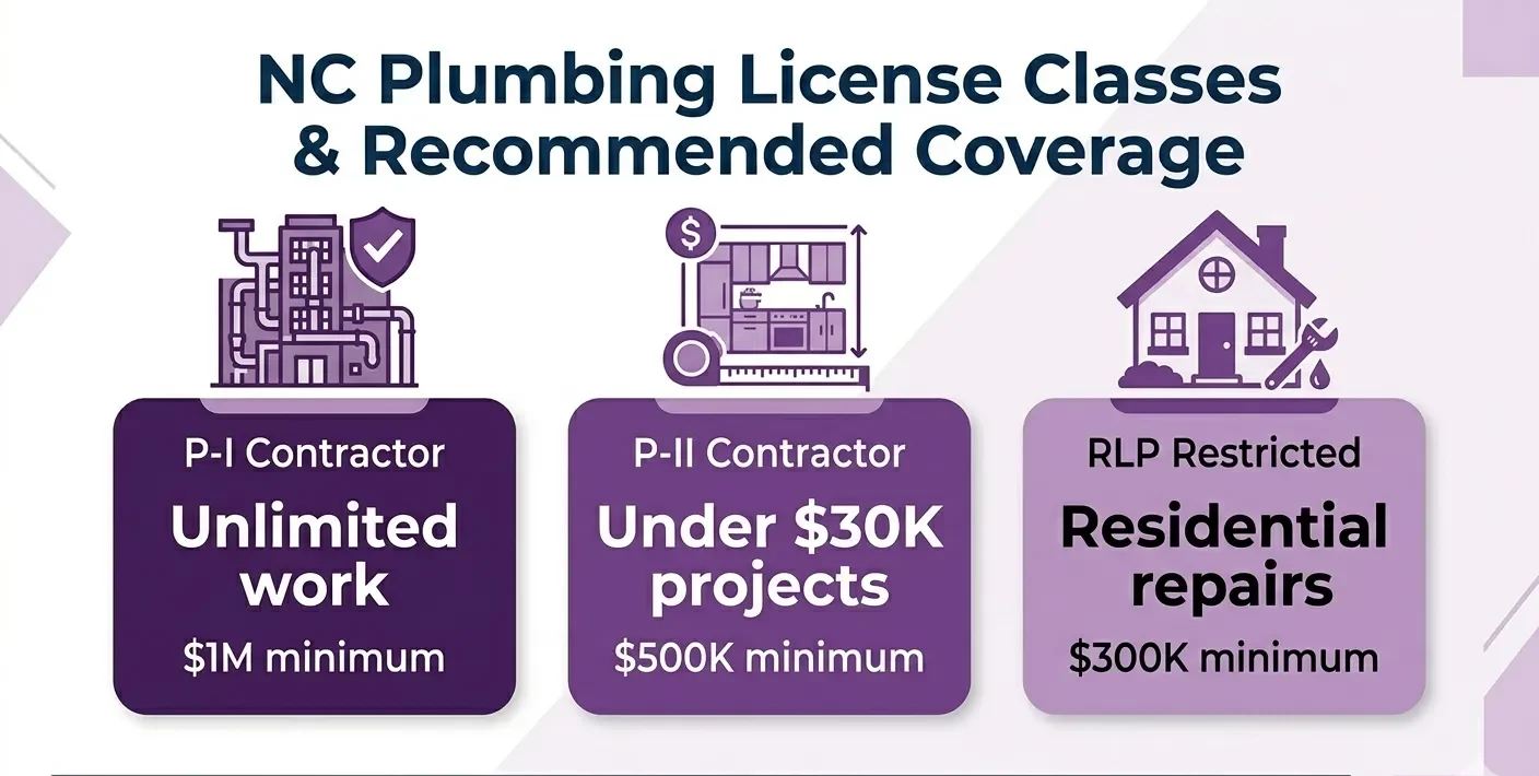 Infographic comparing NC plumbing license classes P-I, P-II, and RLP with recommended general liability coverage limits for each  