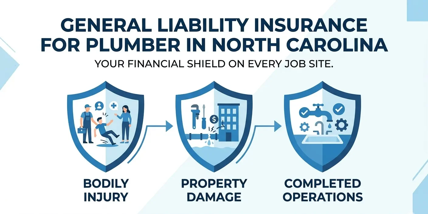 Infographic explaining what general liability insurance covers for plumbers in North Carolina including bodily injury, property damage, and completed operations  