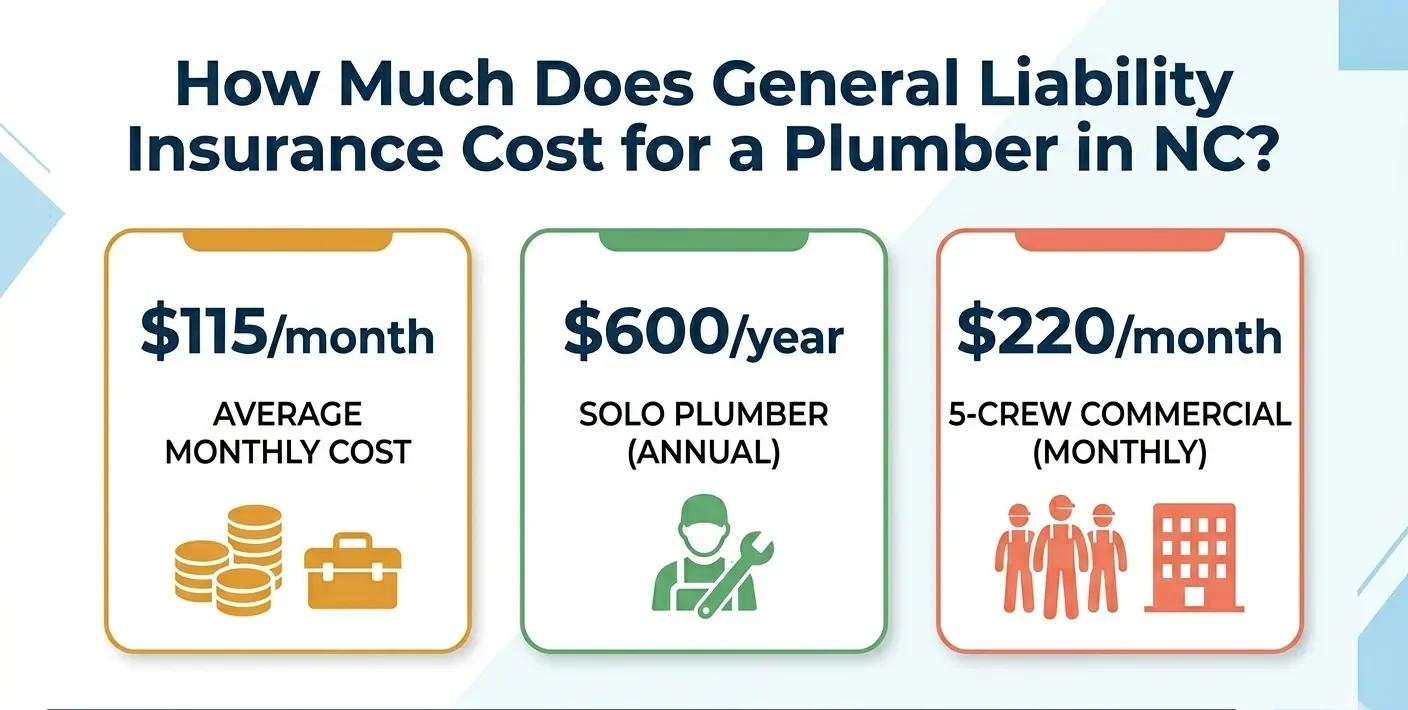Infographic showing general liability insurance costs for NC plumbers: $115 per month average, as low as $600 per year for solo plumbers  