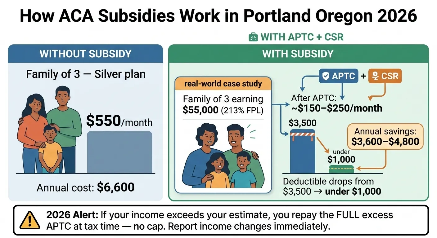 How ACA subsidies reduce health insurance costs in Portland Oregon showing before and after APTC and CSR savings for 2026