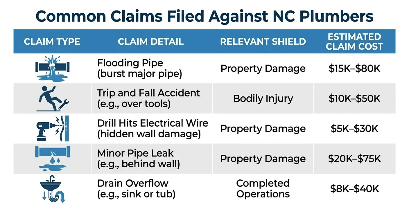 Table infographic showing common insurance claims filed against North Carolina plumbers with estimated costs ranging from $5,000 to $80,000
