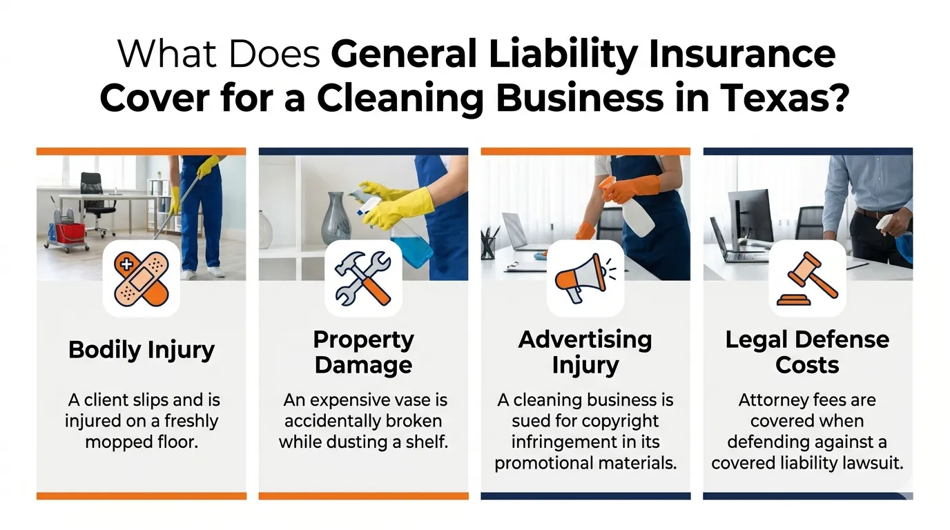 What general liability insurance covers for a cleaning business in Texas with real world examples