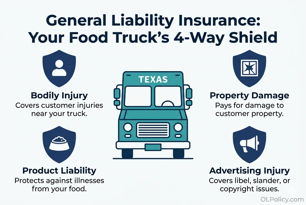 General liability insurance for a food truck in Texas covering accidents, property damage, and customer injuries