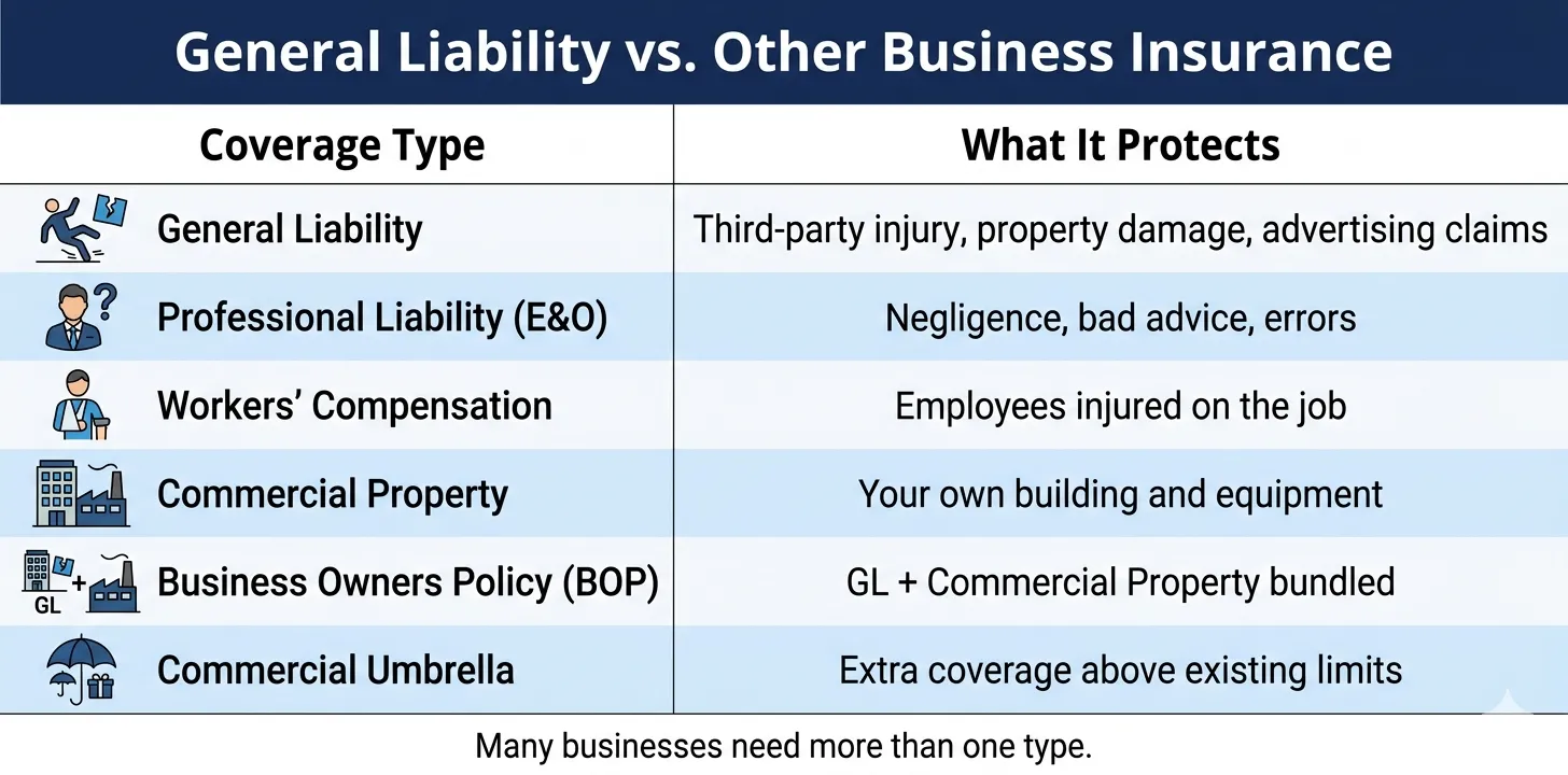 general liability insurance vs other business insurance types comparison chart