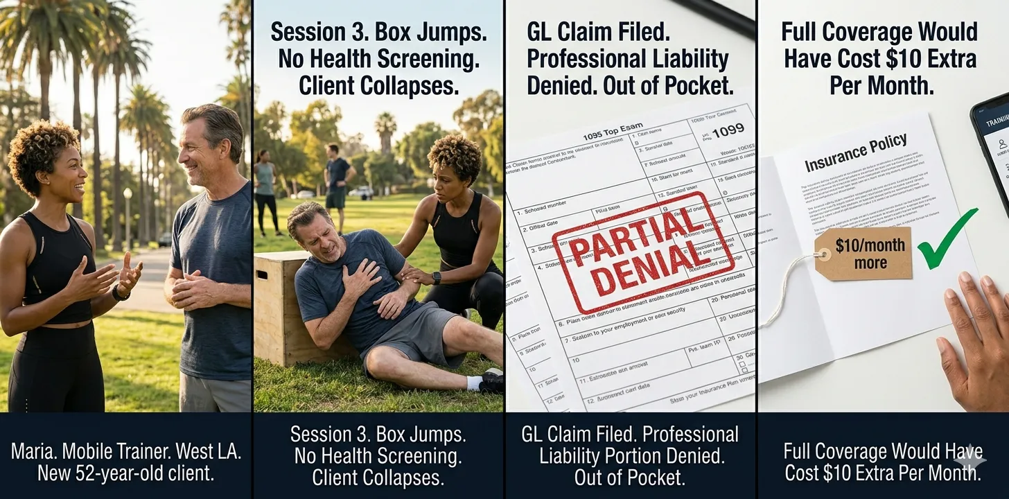 Los Angeles personal trainer liability claim denied professional liability gap Maria real story California