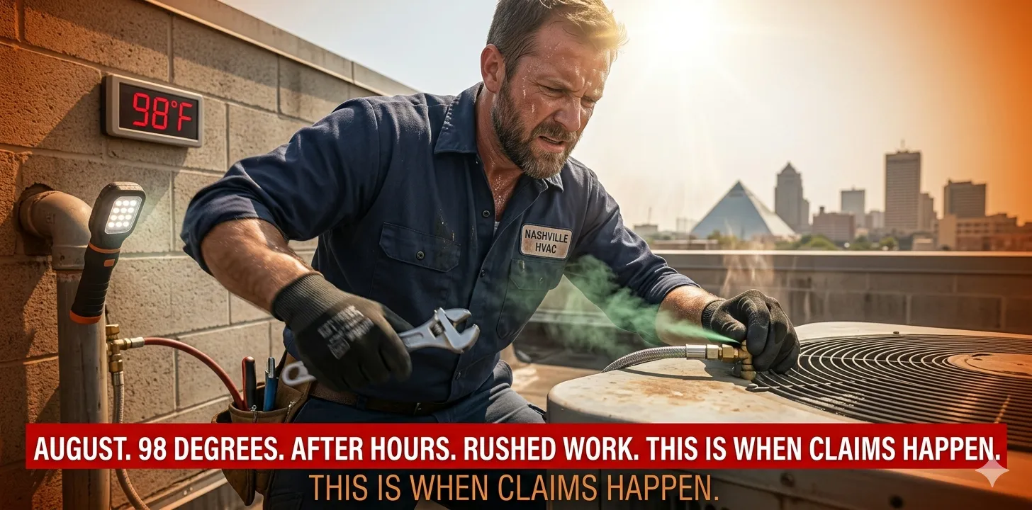 Tennessee HVAC contractor August peak season emergency call risk - rushed work heat claims general liability insurance