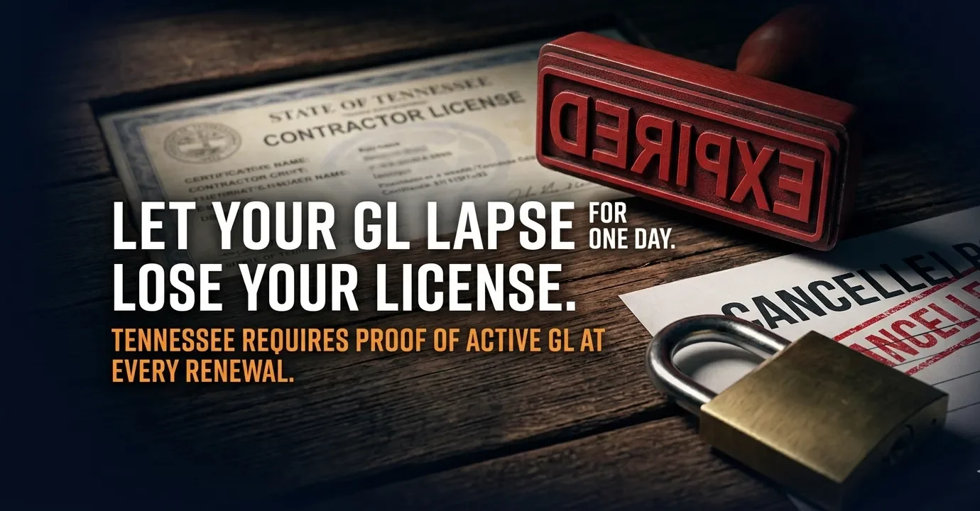 Tennessee HVAC contractor license renewal GL insurance lapse risk - expired policy license suspended warning