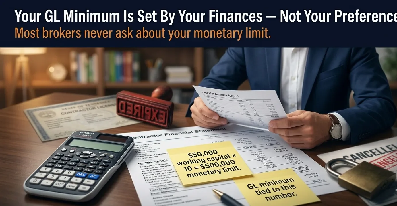 Tennessee HVAC contractor monetary limit general liability minimum - CPA financial statement working capital calculation