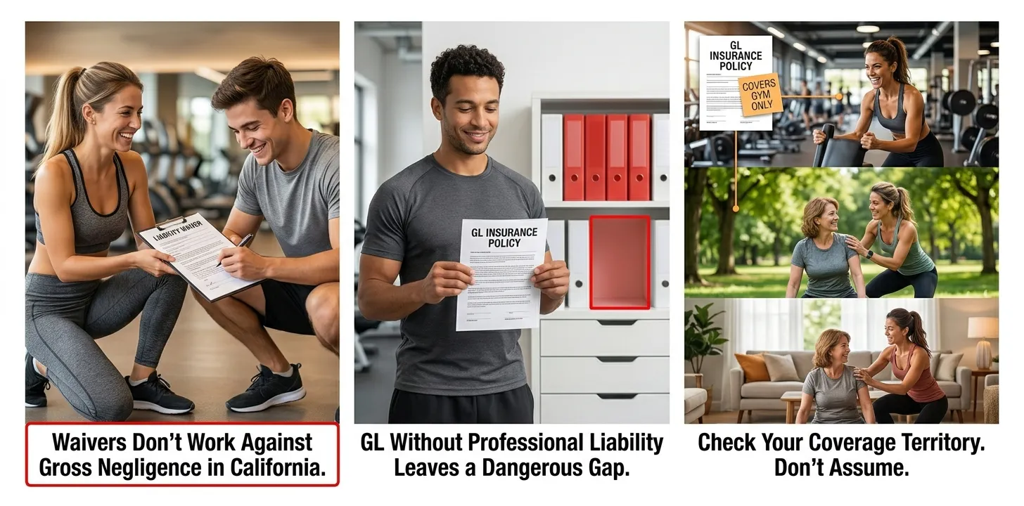 personal trainer California insurance mistakes - waiver GL only coverage territory three costly errors