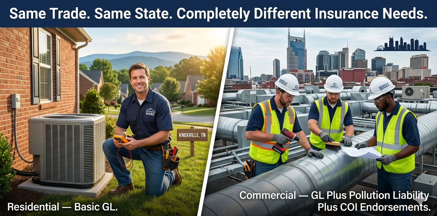 residential vs commercial HVAC contractor insurance Tennessee - two different GL policy needs side by side