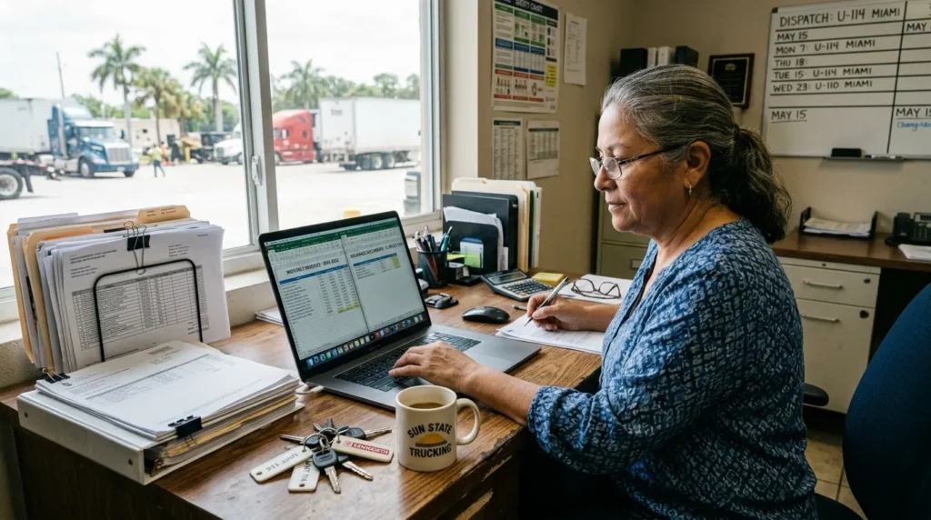  trucking insurance small fleet Florida monthly cost at fleet owner's office desk