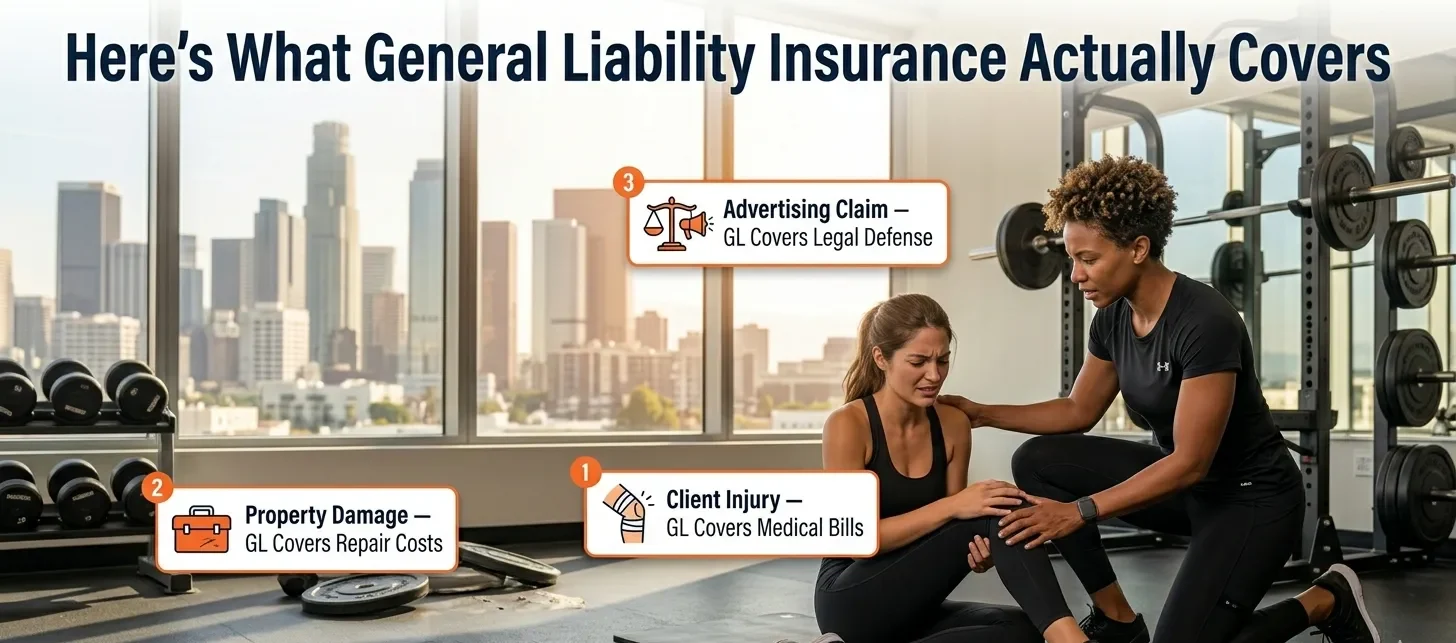 what does general liability insurance cover for personal trainers California - injury property damage advertising