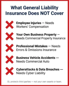 what general liability insurance does not cover for small business - employee injuries property cyber professional mistakes exclusions