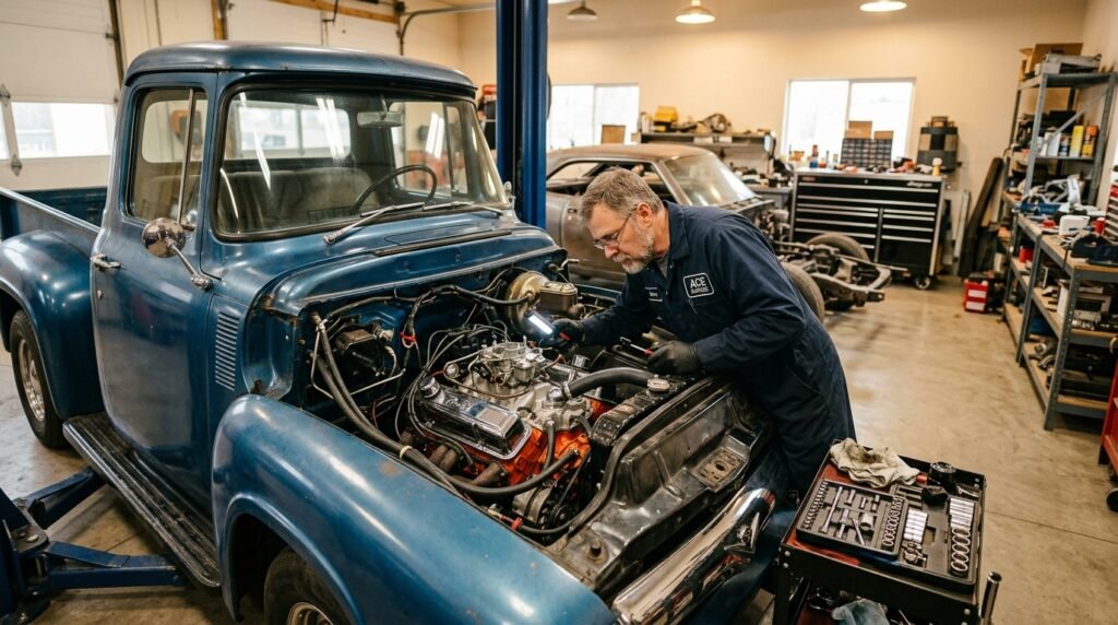 Classic pickup truck mid-restoration covered by specialty antique vehicle insurance policy