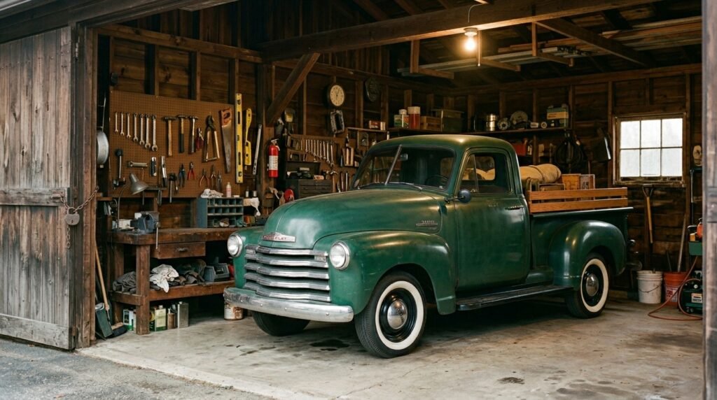 Classic pickup truck stored in locked garage meeting collector insurance eligibility requirements