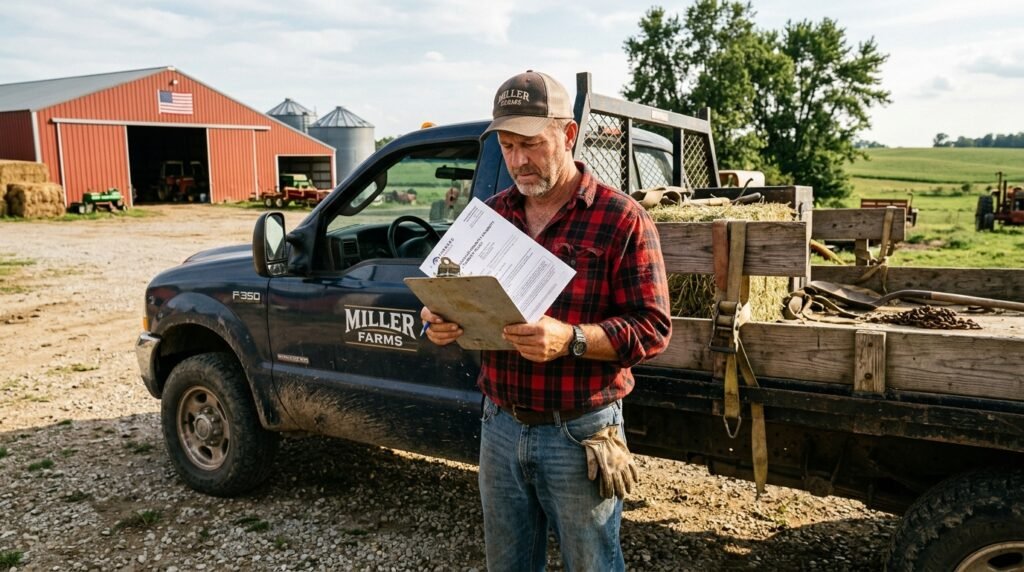 Farmer reviewing agricultural truck insurance coverage options for farm vehicle policy