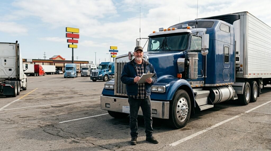 Owner operator reviewing semi truck insurance monthly rates at truck stop