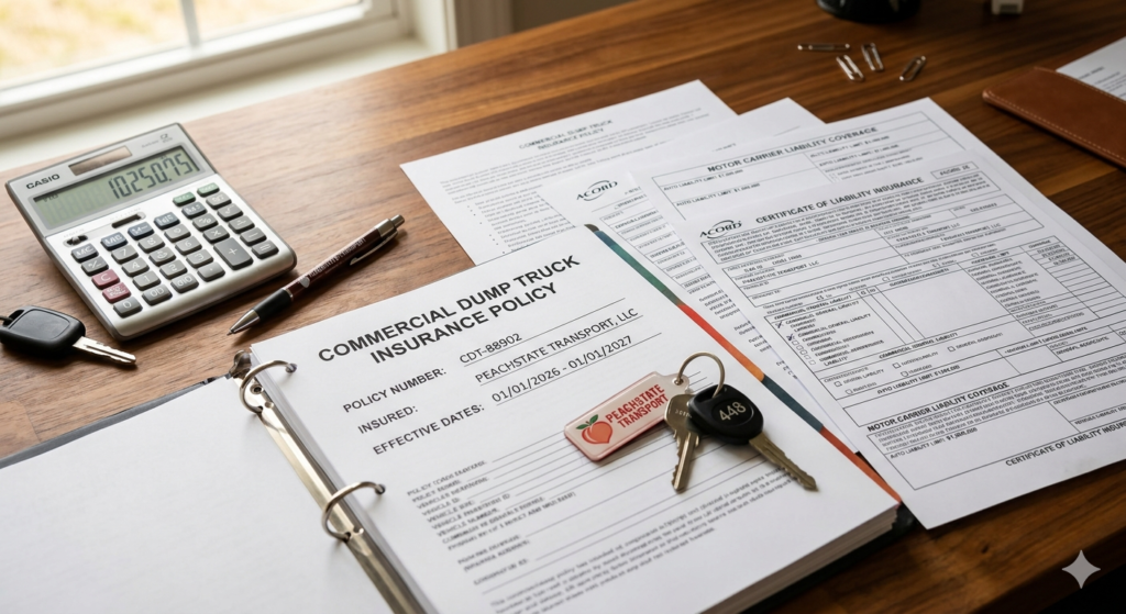 commercial dump truck insurance documents and liability coverage forms on office desk 