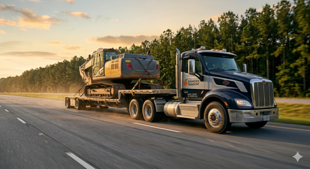 commercial flatbed truck insurance Georgia - heavy haul flatbed truck transporting construction equipment on interstate highway