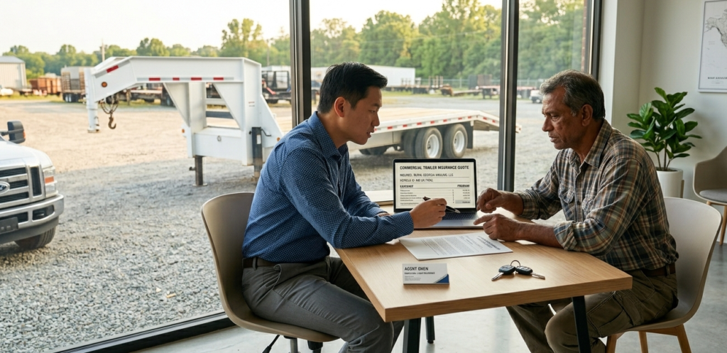 commercial gooseneck trailer insurance cost 2026 - owner operator reviewing heavy haul trailer insurance quote with agent