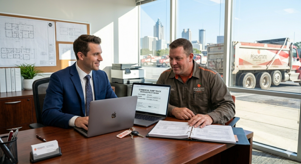 contractor reviewing owner operator dump truck insurance policy with insurance specialist in Georgia office