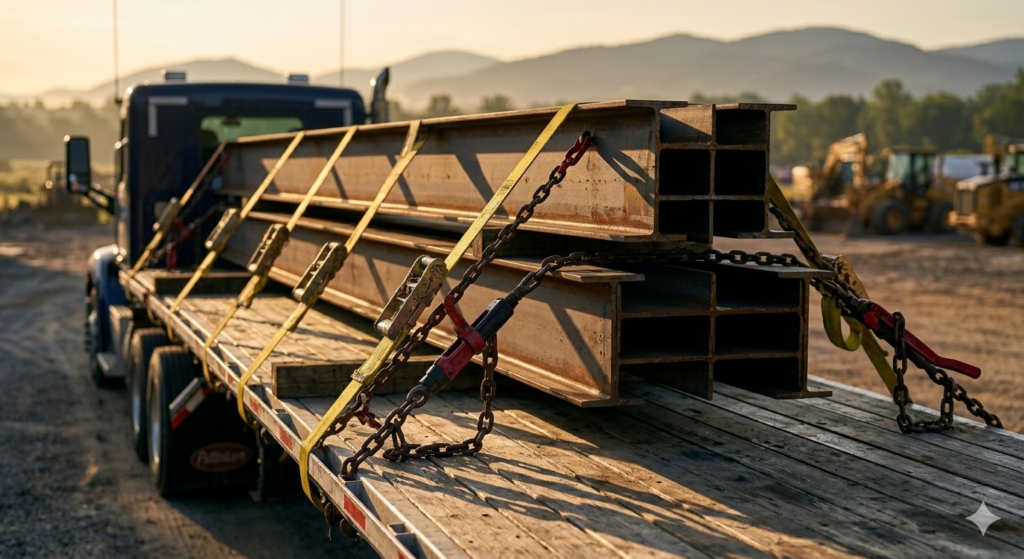 flatbed cargo insurance coverage for steel beams and heavy loads secured with chains and straps on commercial flatbed truck