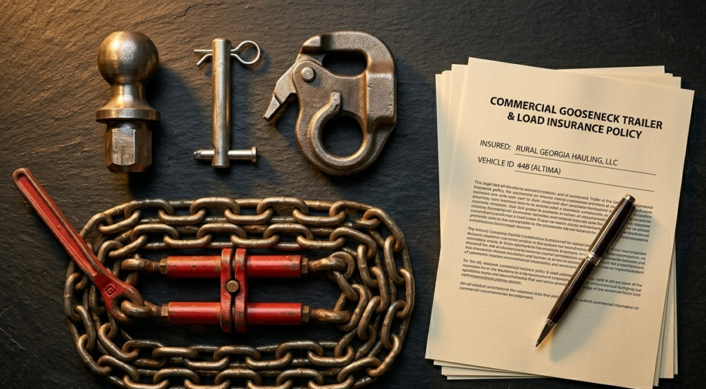 gooseneck trailer insurance coverage breakdown showing trailer hitch chains and commercial insurance policy documents