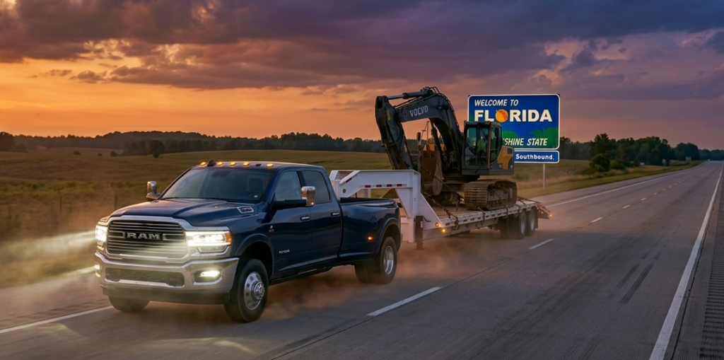 interstate gooseneck trailer insurance requirements - heavy haul trailer crossing state line on highway at dusk
