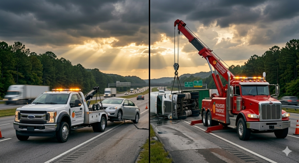 light duty tow truck insurance vs heavy duty tow truck insurance comparison on Georgia highway recovery scene