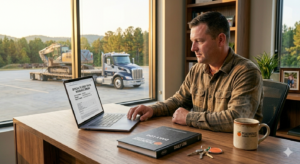 owner operator flatbed truck insurance - trucker reviewing commercial coverage policy documents with flatbed truck parked outside  