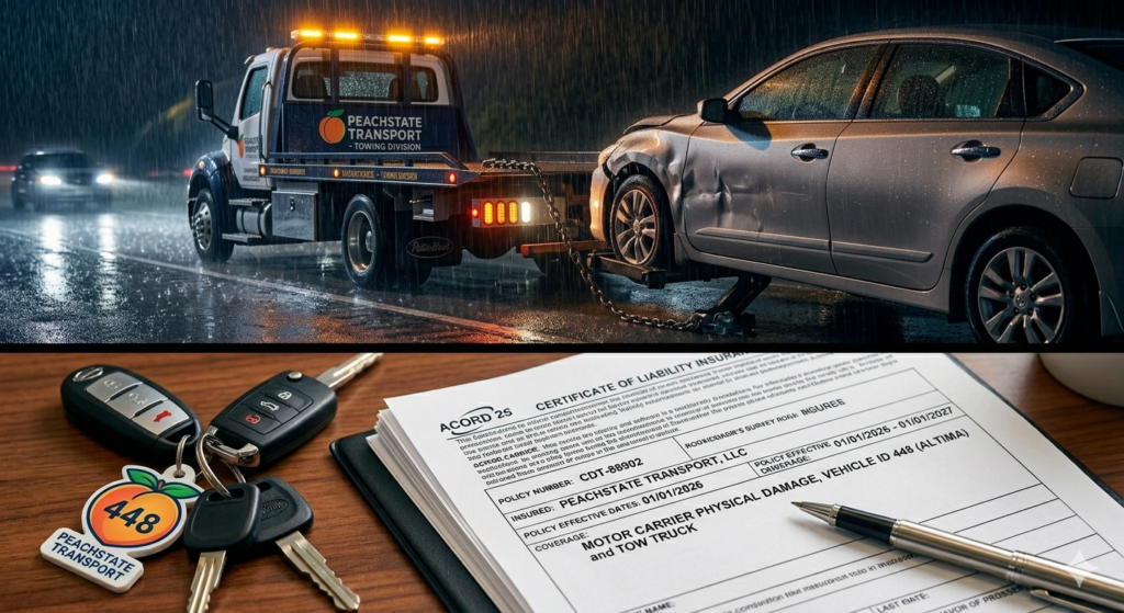 tow truck liability insurance and on-hook towing coverage documents beside tow truck operating on wet road at night