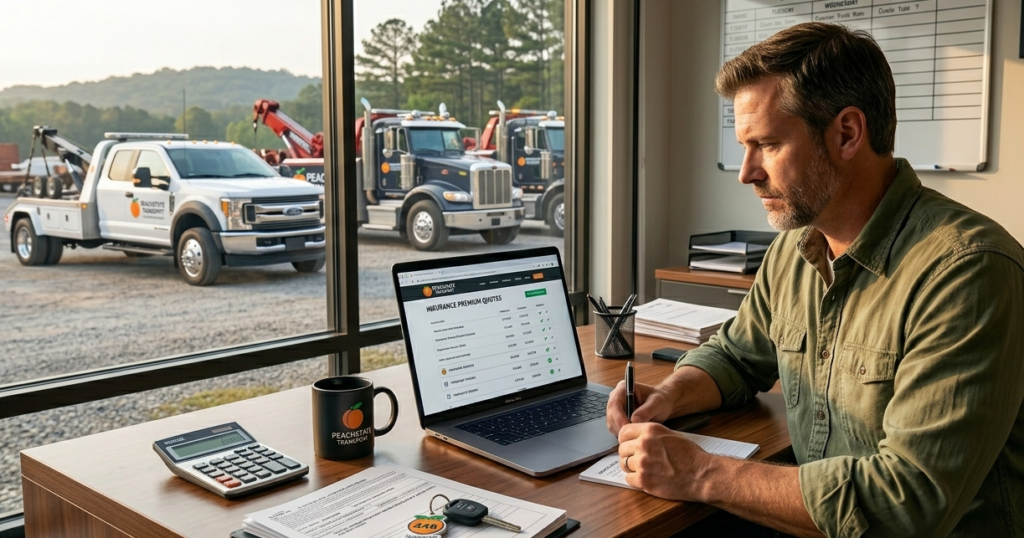 towing business insurance cost 2026 - towing company owner reviewing commercial towing insurance quotes in office